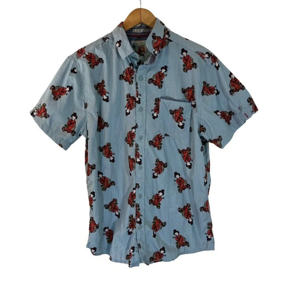 Disco Panda Mens Button Up Shirt Size Large Japanese Geisha Patterned Pocket Top - Picture 1 of 4